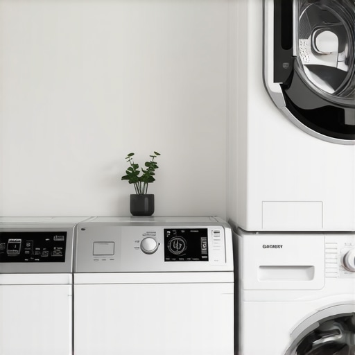 Contemporary Laundry Space with Advanced Washing Machines A modern laundry room featuring stacked washer and dryer with digital controls