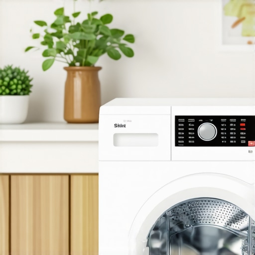 Smart Modern Washing Machine in Laundry Room Realistic image of a high-tech washing machine with digital controls in a bright laundry space.