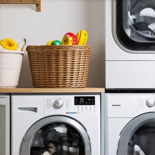 Different washer sizes with laundry loads and measuring tools.