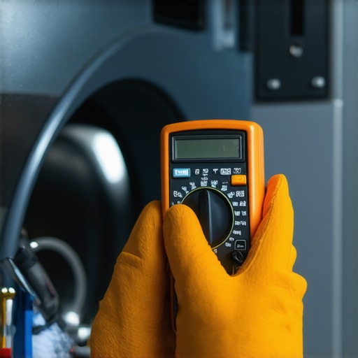 Person troubleshooting and cleaning washing machine with multimeter and brushes