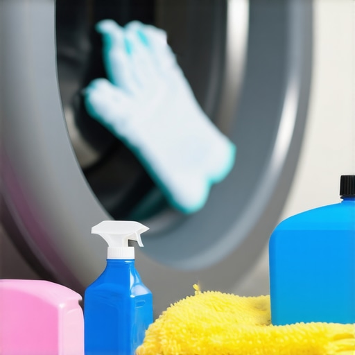 Person cleaning washing machine door seal with microfiber cloth, maintenance tools visible.
