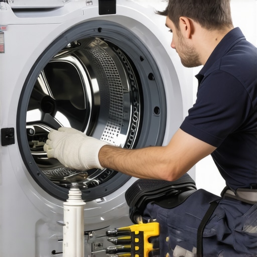 Technician checking suspension parts of a front load washer.