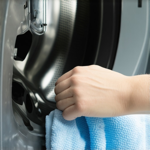 Maintaining Your Washing Machine for Longevity Person cleaning washing machine drum with microfiber cloth and cleaning tablet.