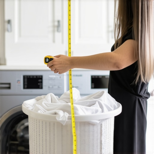 Person measuring laundry loads in a bright laundry room using a tape measure