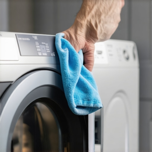 Regular Cleaning of Washing Machine Door Seal Person wiping the washing machine door seal with a microfiber cloth to prevent mold buildup
