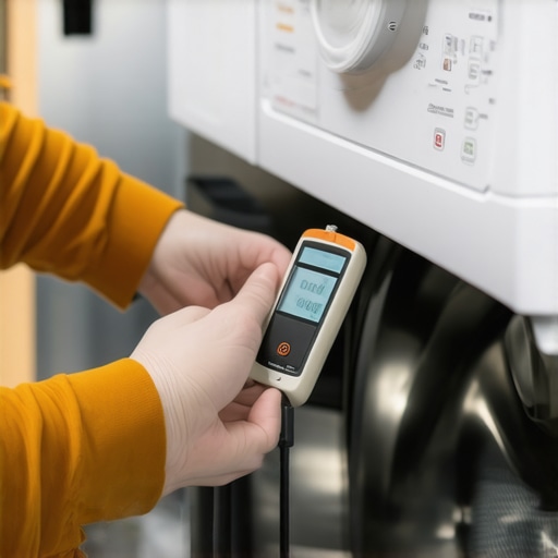 Homeowner checking moisture levels on washing machine gasket with digital moisture meter in laundry room