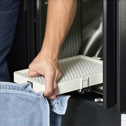 Person cleaning the filter of a front load washing machine, demonstrating proper maintenance steps.