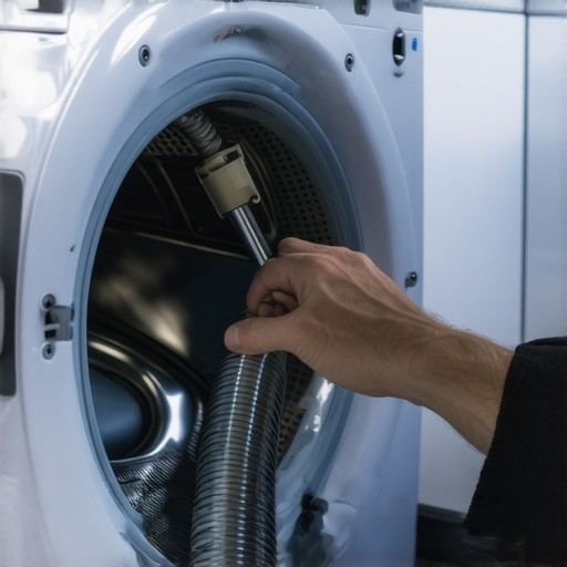 Person checking washing machine hoses for wear and cleaning seals to ensure long-term operation.