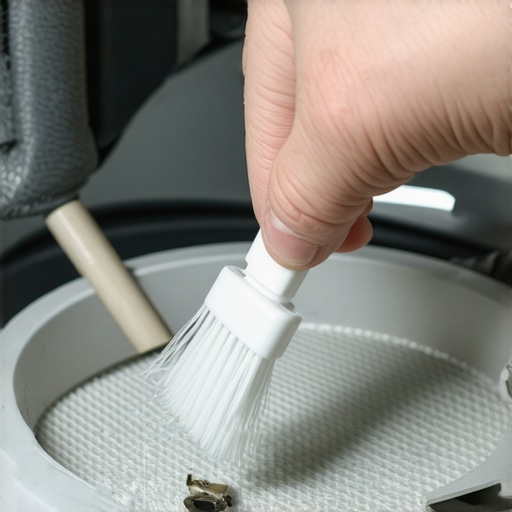 Washing machine filter cleaning process Person cleaning washing machine filter with brush