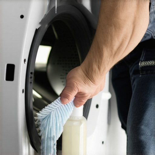 Effective Laundry Washer Maintenance Tools Person cleaning washing machine gasket with brush and vinegar to prevent mold and buildup.