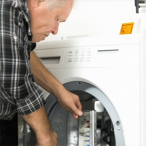 Home Maintenance Check Person using a moisture meter on a washing machine for leak detection, emphasizing maintenance