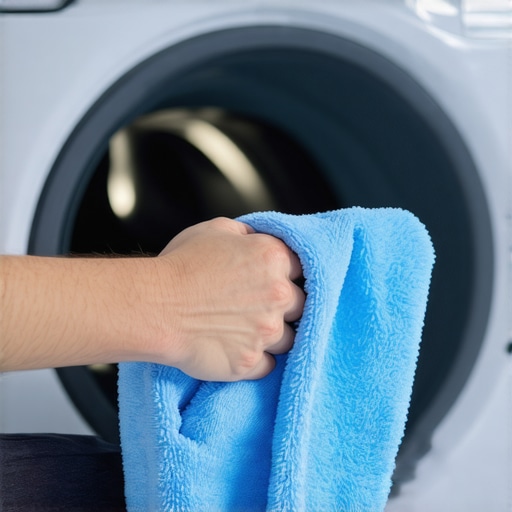 Person cleaning washing machine door seal with microfiber cloth.