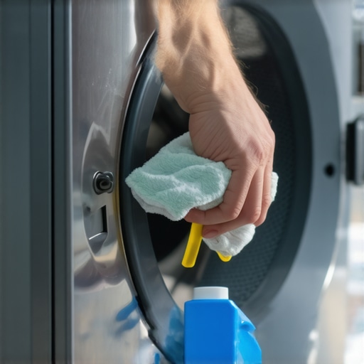 Individual cleaning washing machine gasket with microfiber cloth and tools.