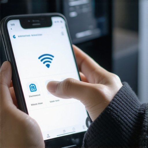 Person configuring security settings on a smartphone app for a smart washing machine.