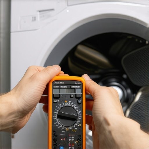 Person testing washing machine control board with a multimeter in laundry room
