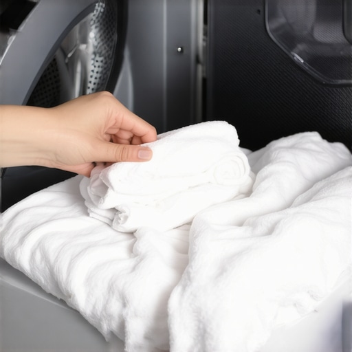 Person arranging towels and sheets evenly inside washing machine drum.