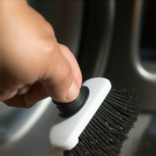 Person using a gasket brush on a washing machine's rubber seal to remove mold and residue.
