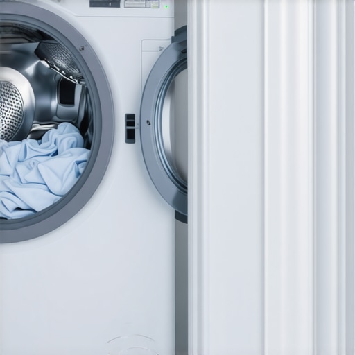A clean modern washing machine with laundry inside in a well-lit laundry room.