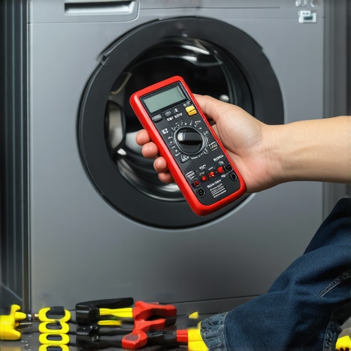 Personal Maintenance Toolkit for Washing Machines Person using multimeter and inspection mirror to maintain washing machine
