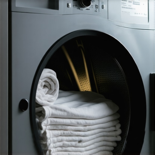 Person carefully arranging king-sized sheets in a washing machine to prevent tangling