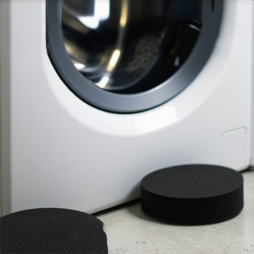 Close-up image of rubber pads under washing machine feet to reduce shaking