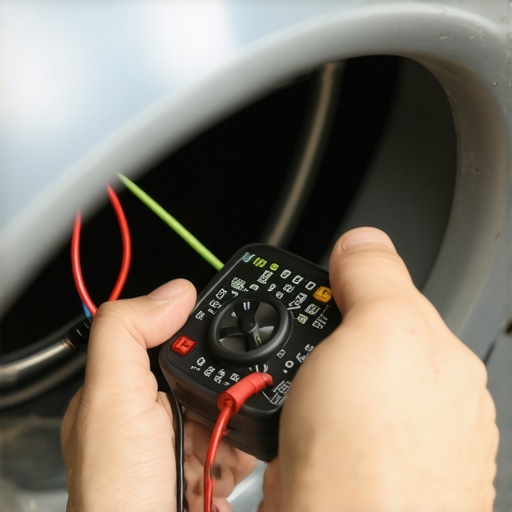 Person inspecting washer wiring with a multimeter during routine maintenance.